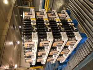 Custom Full Pallet Display with blister packs, corrugated carriers, sample packs, and poly bags