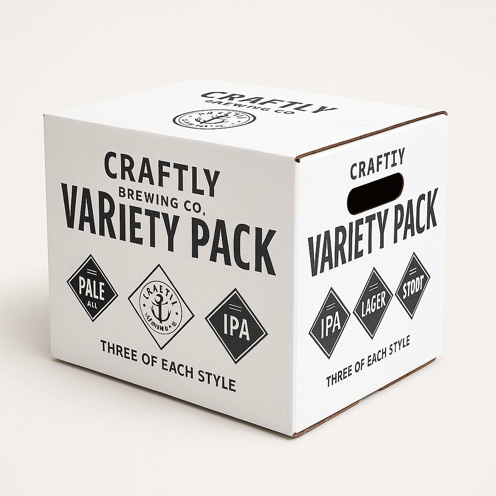 custom printed full overlap corrugated box (FOL) with die cut handles, beverage packaging