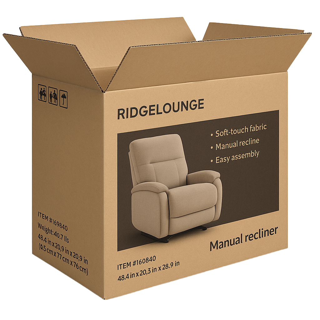 Custom printed corrugated box, regular slotted container (RSC), furniture packaging