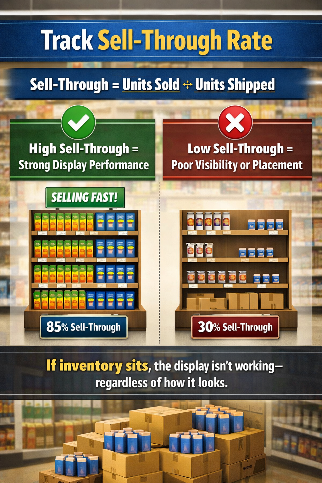Track Sell-Through Rate Sell-through shows how efficiently inventory moves. Sell-Through = Units sold ÷ Units shipped POP Display